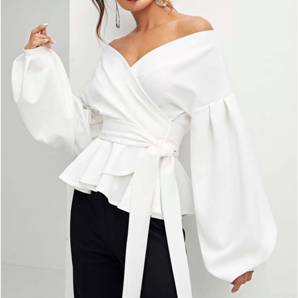 Classic Elegant Luxe Off Shoulder Open Front Self Tie Wrap Top Blouse Shirt - Picture 2 of 5